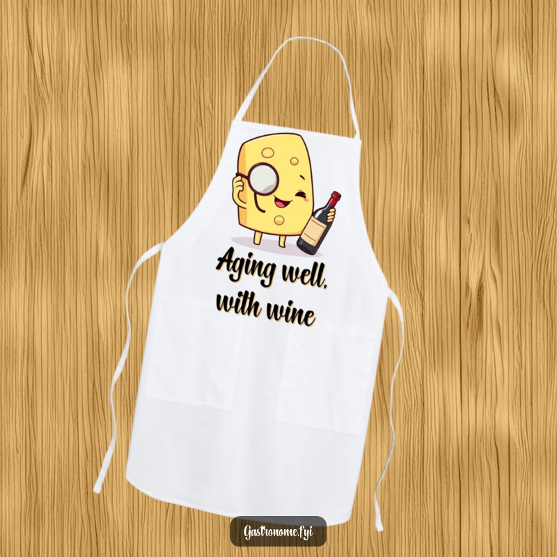 Funny chef apron featuring a smiling cheese wedge character with a monocle inspecting a miniature bottle of fine wine, for humorous cooking.