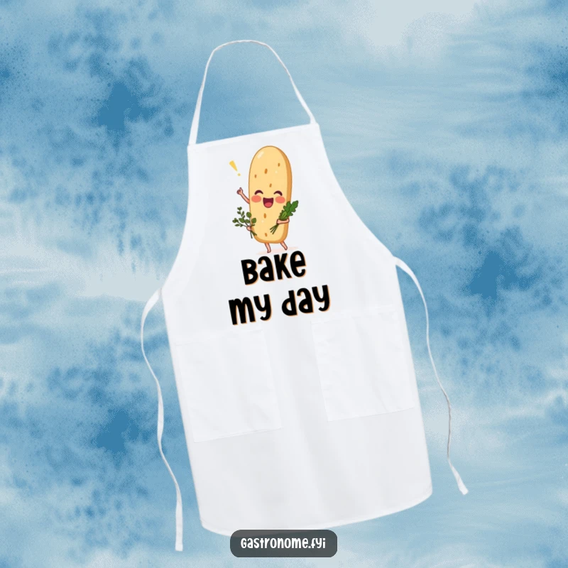Funny excited baguette apron, a chef's attire adorned with a cheerful bread character holding herbs, perfect for humorous cooking.