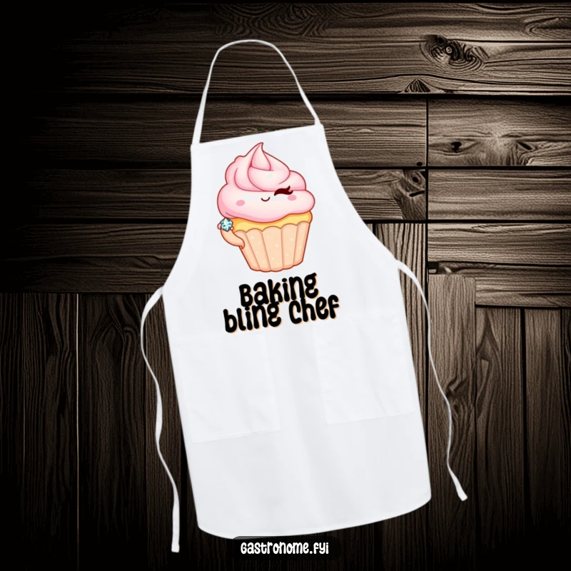Funny apron depicting a winking cupcake character presenting a tiny jewel, ideal for baking and kitchen activities.