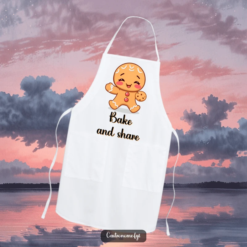 Funny apron depicting a giggling gingerbread man sharing a small cookie, ideal for baking and kitchen activities.
