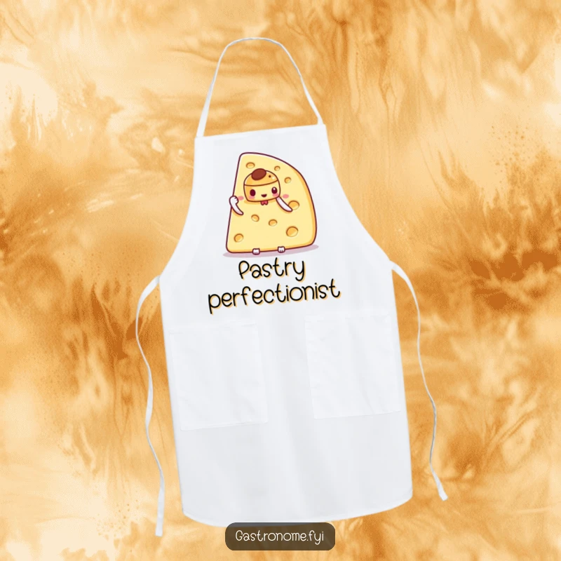 Funny apron depicting a proud cheese wedge character holding a delicate pastry, ideal for baking and kitchen activities.