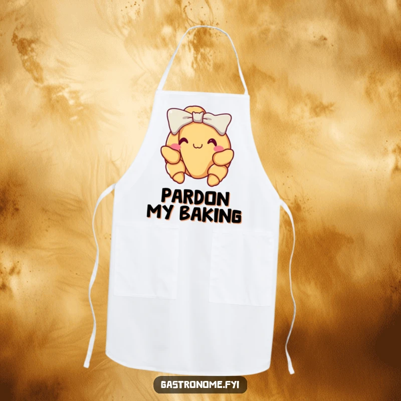 Funny croissant apron, depicting a delighted croissant performing a proud little bow, perfect for adding French flair to baking.