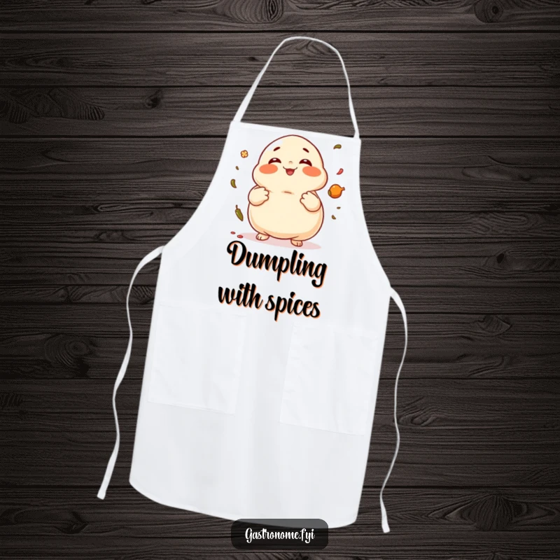 Funny Dumpling Apron adorned with a giggling dumpling character juggling spices, ready for cooking.