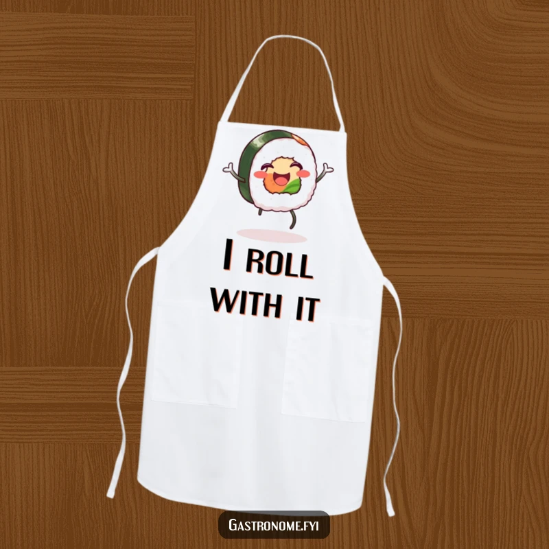 Funny apron: A happy sushi roll with legs doing a silly jig, a humorous cooking accessory.