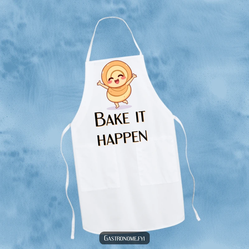 Funny overjoyed cinnamon roll apron, a chef's accessory adorned with a cheerful pastry character doing a twirl, ideal for humorous baking.