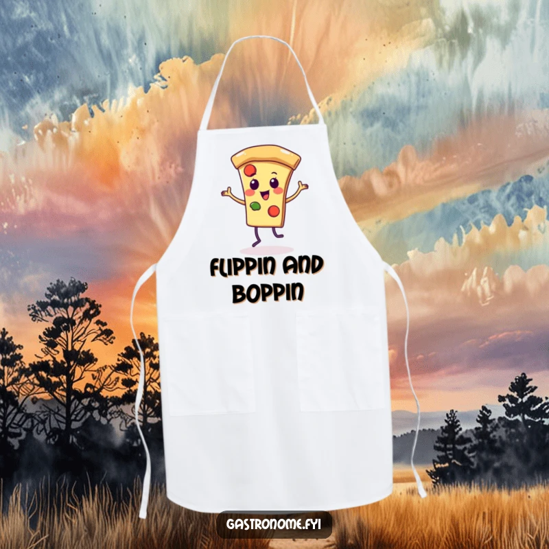 Funny apron depicting a pizza slice character performing a lively dance, designed for culinary fun and kitchen protection.