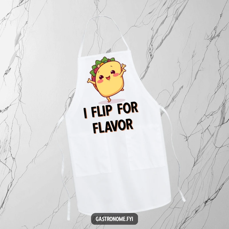 Funny apron: A smiling taco with tiny arms doing a cartwheel, a humorous cooking accessory.