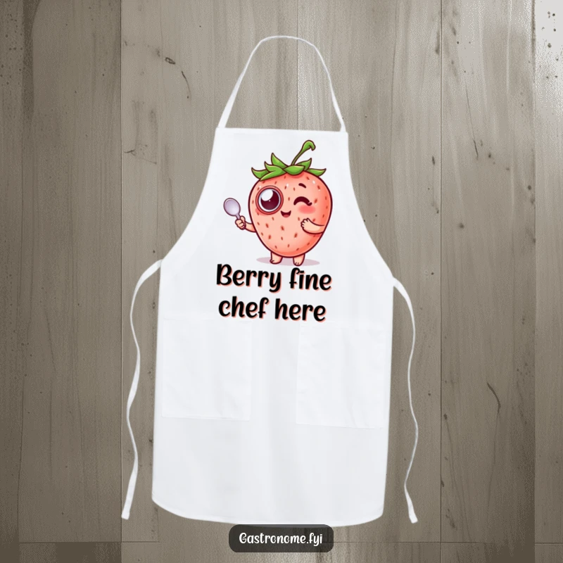 Funny Strawberry Apron adorned with a strawberry in a monocle holding a spoon, great for cooking.