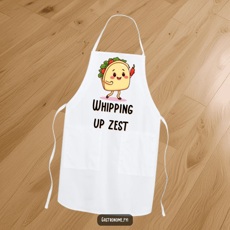 Funny Taco Dance Apron: Smiling Taco Character Salsa Dancing with a Spicy Pepper, Humorous Kitchen Wear for Foodies