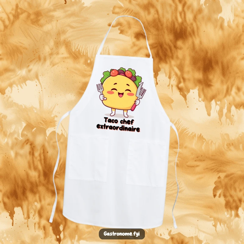 Funny Taco Apron adorned with a winking taco character holding a fork and knife, ready for cooking.