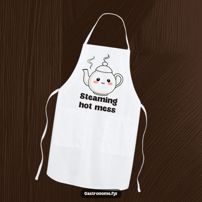 Funny Kitchen Apron featuring a curious teapot character with merrily swirling steam, perfect for humorous cooking.