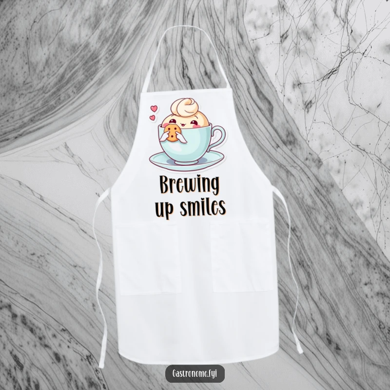 Funny apron displaying a thoughtful teacup character holding a biscuit, perfect for adding charm and humor to kitchen adventures.