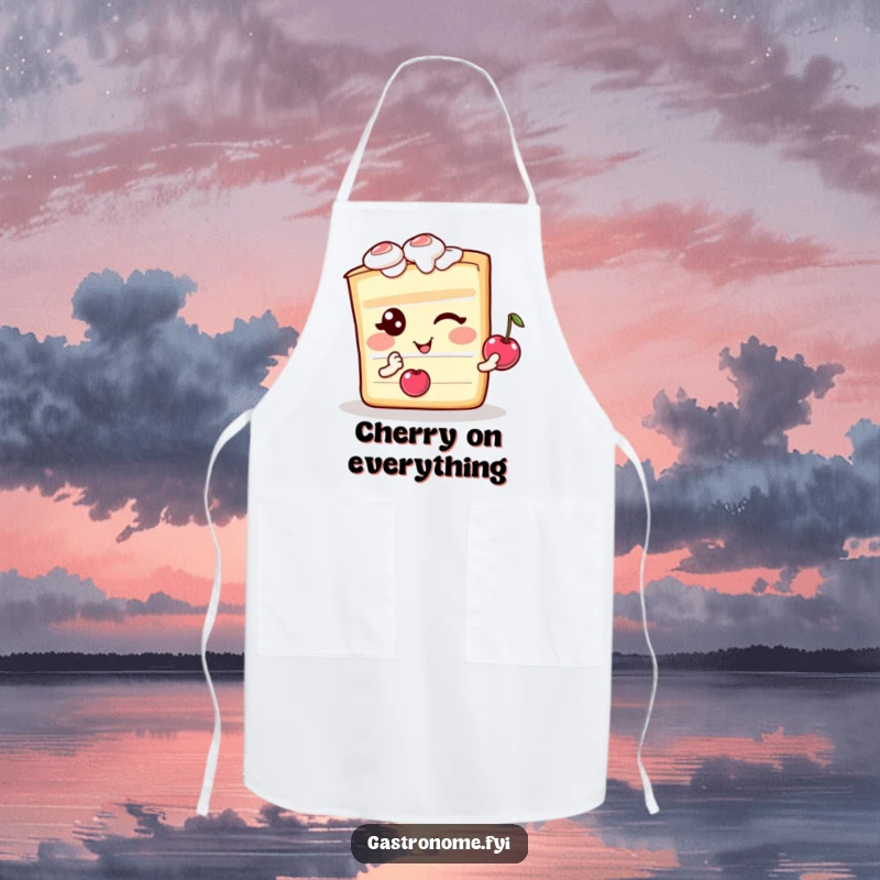 Funny apron with a winking cake slice character holding a cherry, perfect for kitchen humor and gifts.