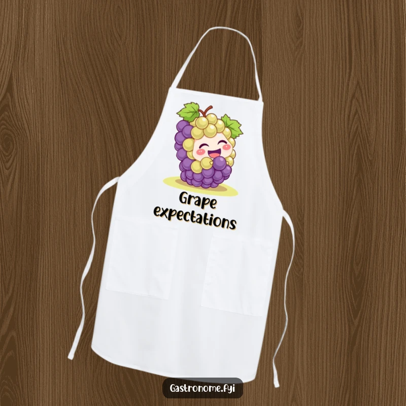 Funny grape cluster character in a funny rolling motion, printed on a durable apron, making kitchen tasks more enjoyable and humorous.