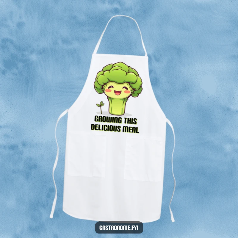 Funny chef apron with a beaming broccoli character proudly presenting a tiny sprout, for humorous and healthy cooking experiences.