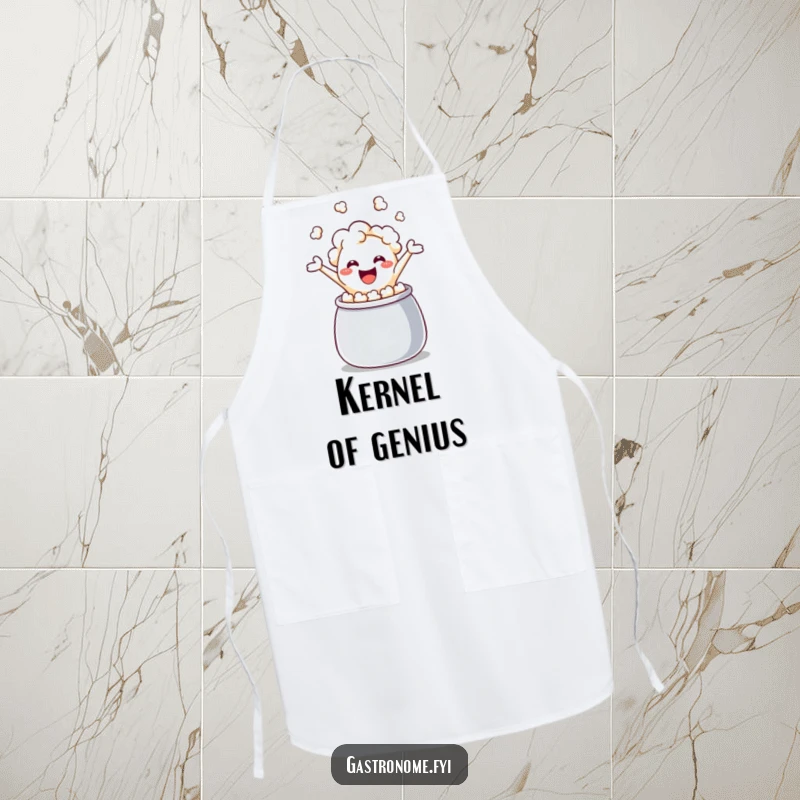 Funny popcorn kernel apron, a kernel mid-leap from a kettle, designed for kitchen fun and protection with explosive, humorous charm.