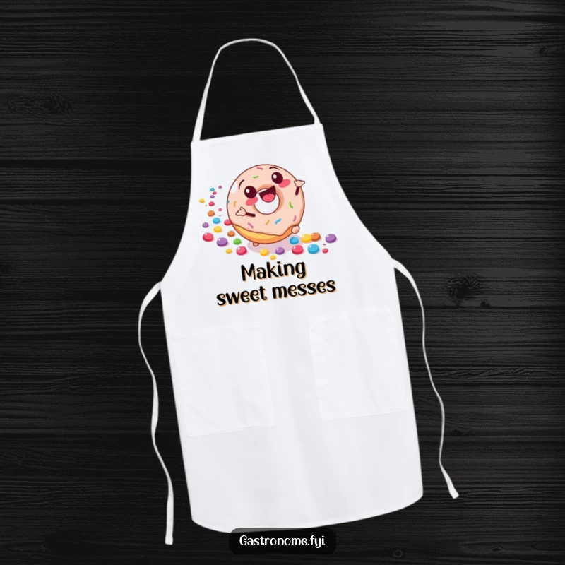 Funny baker apron with a joyful donut character rolling downhill, leaving a trail of colorful candies, for sweet and humorous baking.