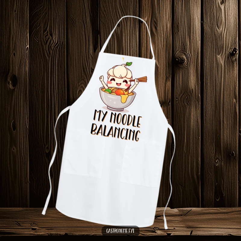 Funny apron featuring a smiling ramen bowl character juggling chopsticks, adding fun to kitchen tasks.