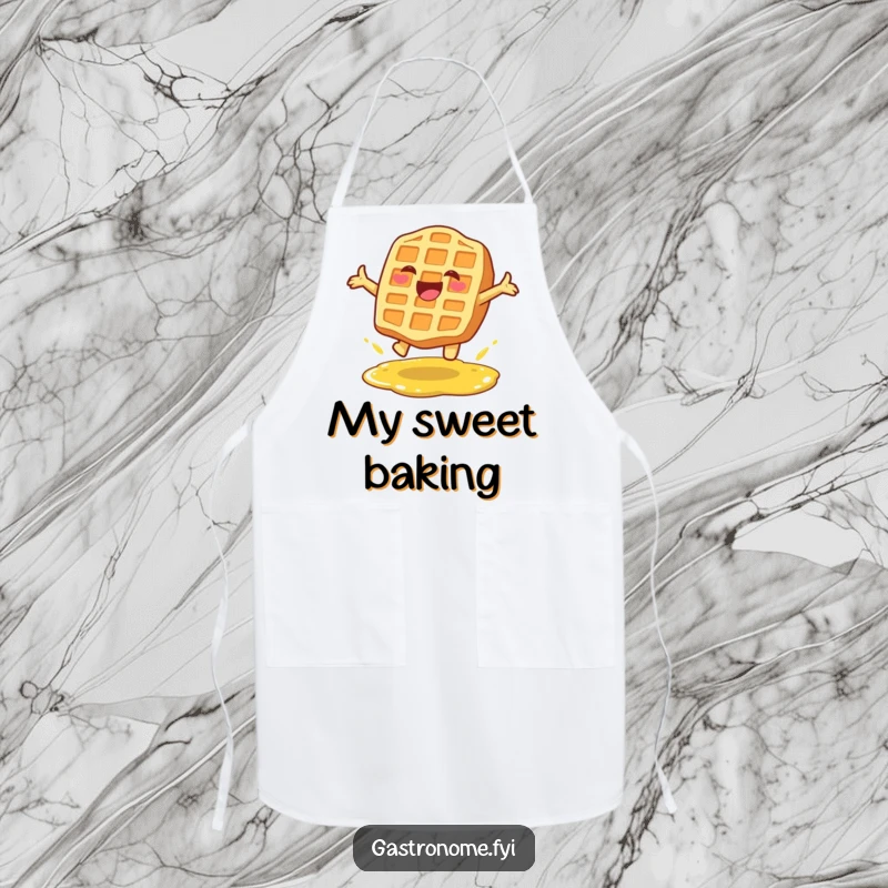 Funny apron featuring a delighted waffle character leaping over syrup, adding fun to cooking and breakfast preparation.