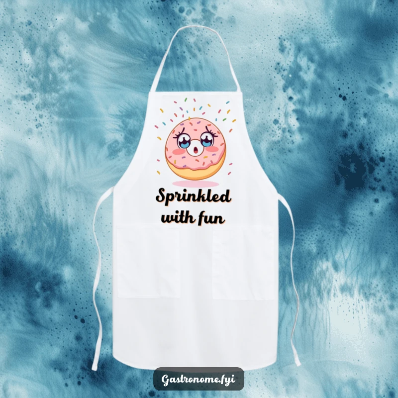 Funny apron featuring a surprised donut character, wide-eyed, watching sprinkles fall endlessly, for kitchen humor.