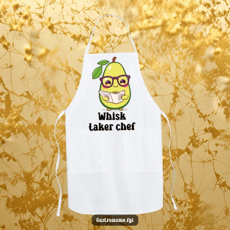 Funny apron showing a pleased avocado in reading glasses, holding a recipe, ready to cook up a storm.
