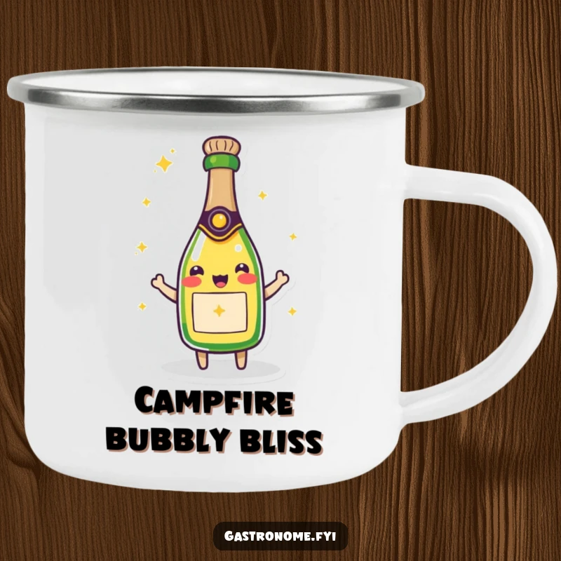 Funny camping mug with a beaming champagne bottle character, built for adventures and radiating bubbly joy for outdoor celebrations.