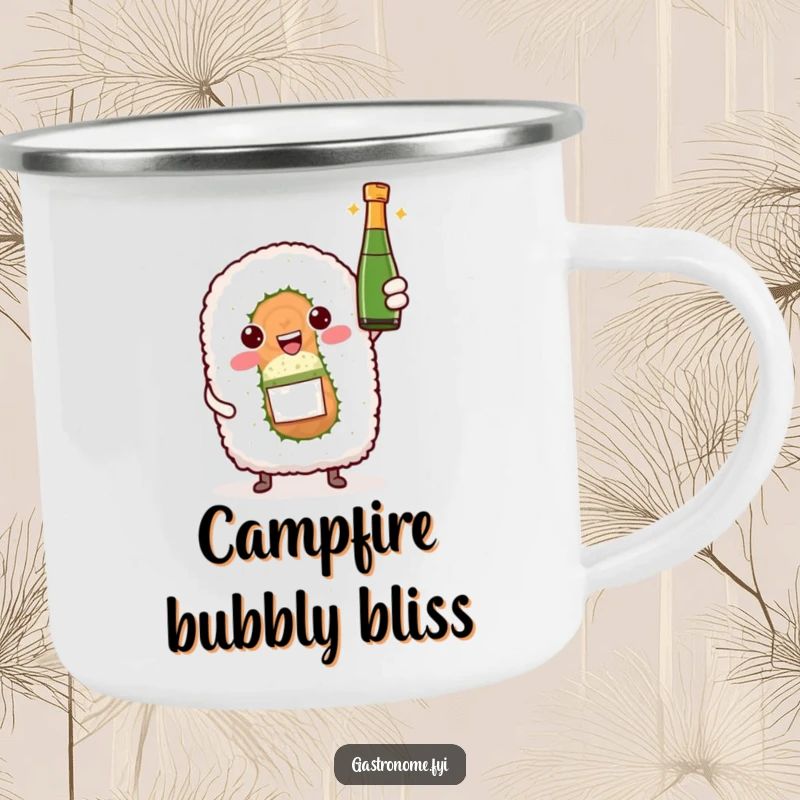 Funny camping mug with a sushi roll character proudly offering a miniature sparkling wine bottle, ideal for adventurous celebrations.