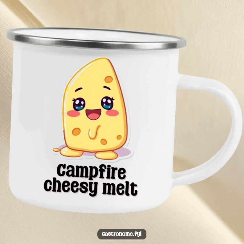Funny camping mug with a cheerful cheese character melting with glee, perfect for outdoor adventures and cheese lovers.