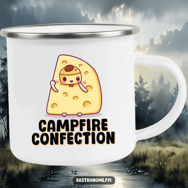 Funny camping mug with a proud cheese wedge character holding a tiny pastry, perfect for outdoor enjoyment and sophistication.
