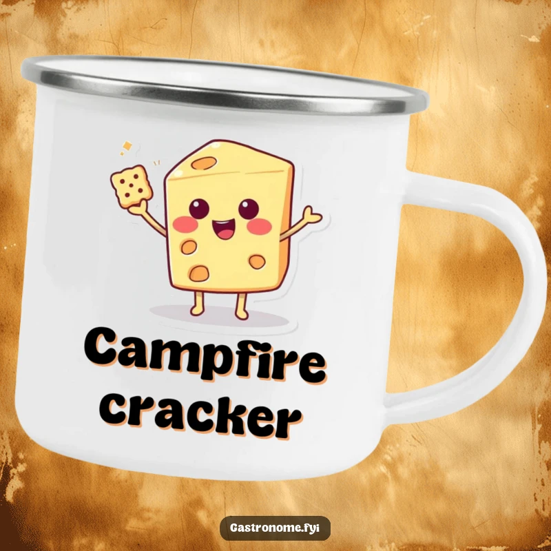 Funny Enamel Camping Mug with a smiling cheese wedge character balancing a cracker with flair, perfect for outdoor humor.