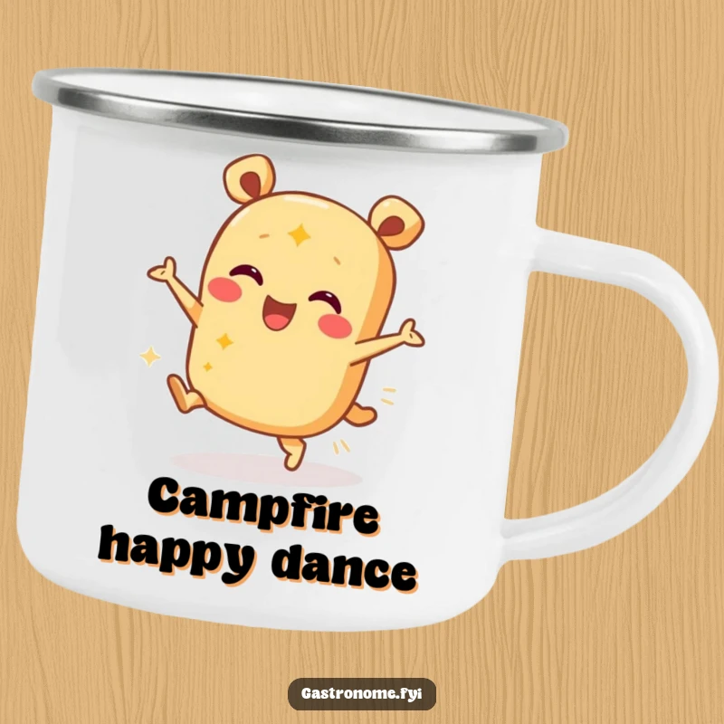 Funny camping mug featuring a joyful burrito character dancing, perfect for outdoor adventures and food lovers.
