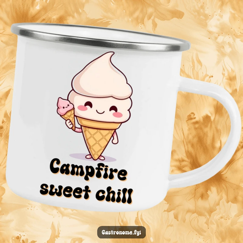 Funny camping mug featuring a smiling ice cream cone character offering a cone, ready for outdoor enjoyment with a sweet twist.