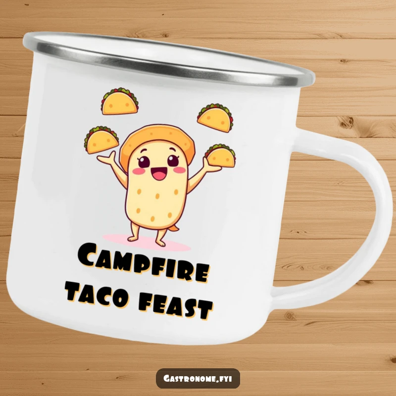 Funny camping mug featuring a cheerful taco character juggling mini tacos, ready for outdoor fiestas and humorous hydration.