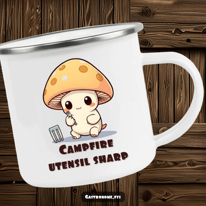Funny camping mug featuring a whimsical mushroom character polishing a tiny silver fork, ready for outdoor adventures with a humorous touch.