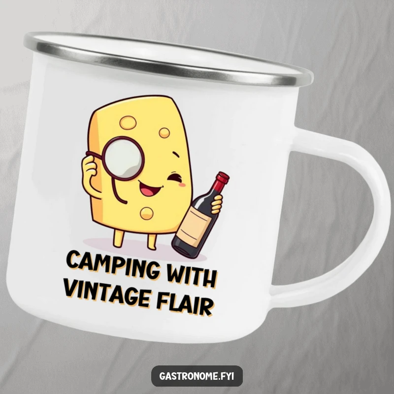 Funny camping mug showing a smiling cheese wedge with a monocle, inspecting a miniature bottle of wine, for outdoor enthusiasts with humor.