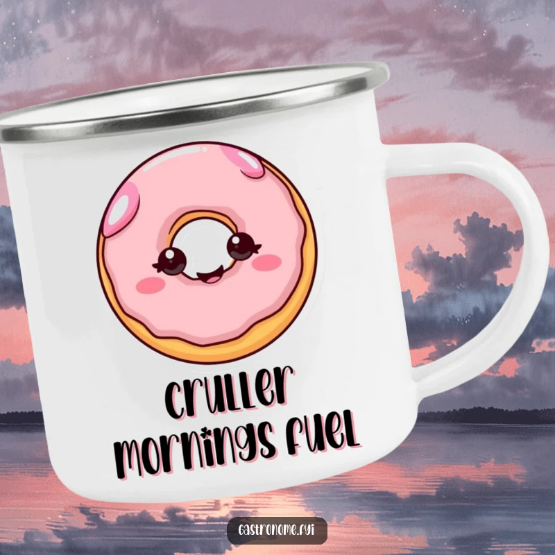 Funny camping mug: A cheerful donut with eyes wiggling with joy, a humorous outdoor accessory.