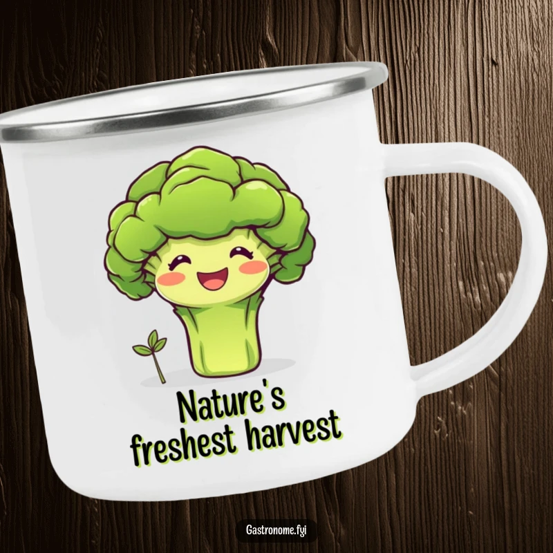 Funny camping mug with a beaming broccoli character proudly presenting a tiny sprout, for healthy and humorous outdoor adventures.