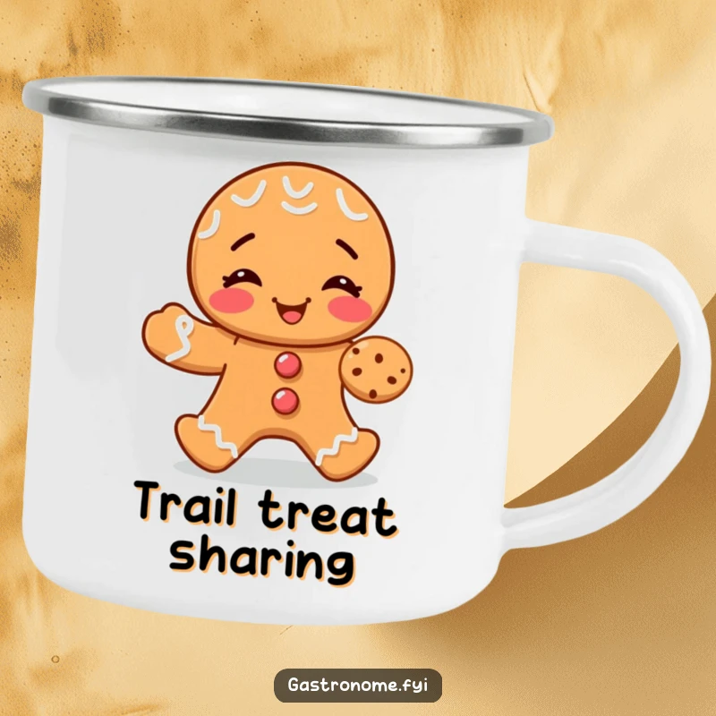 Funny camping mug with a giggling gingerbread man sharing a small cookie, perfect for outdoor enjoyment and holiday cheer.