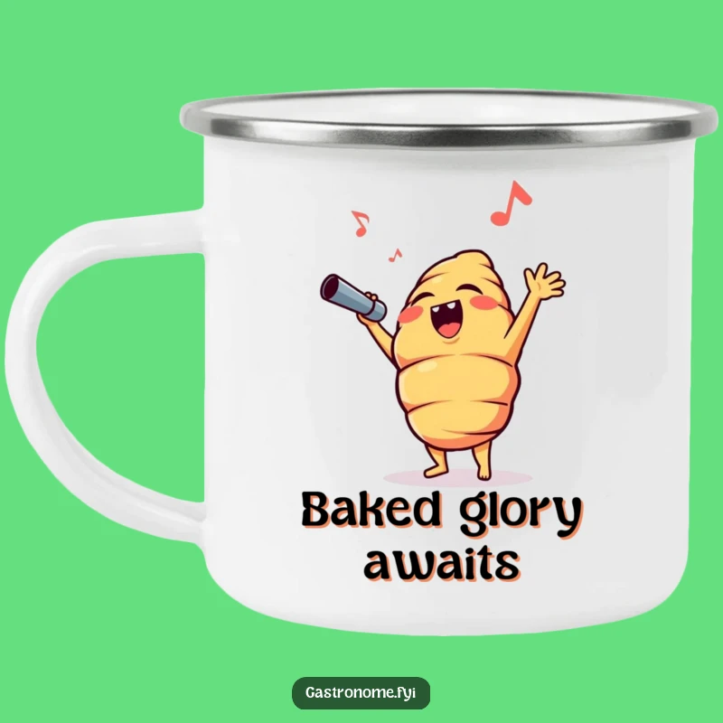 Take your tunes and your treats outdoors with this funny camping mug featuring an opera-singing croissant. Durable and delightful for adventurers.