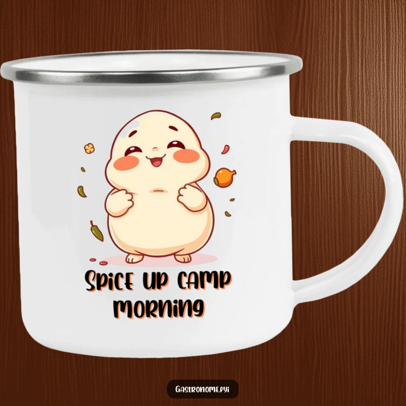 Funny Dumpling Camping Mug with a giggling dumpling character juggling spices, durable for adventures.