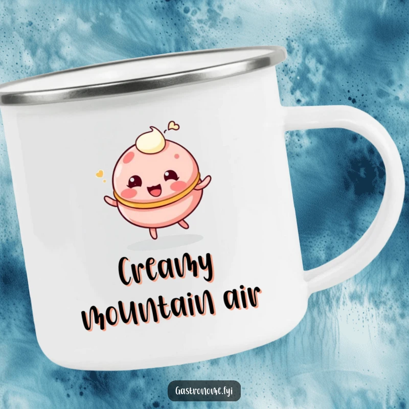 Funny camping mug with a giggling, bouncing macaroon character and a cream dollop, for playful adventures.
