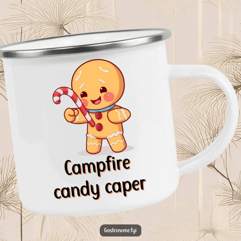 Funny camping mug showing a mischievous gingerbread man character stealing a candy cane, perfect for enjoying holiday drinks outdoors.