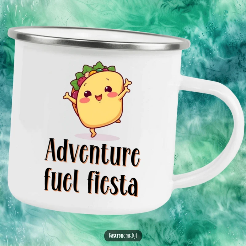 Funny camping mug: A smiling taco with tiny arms doing a cartwheel, a humorous outdoor accessory.