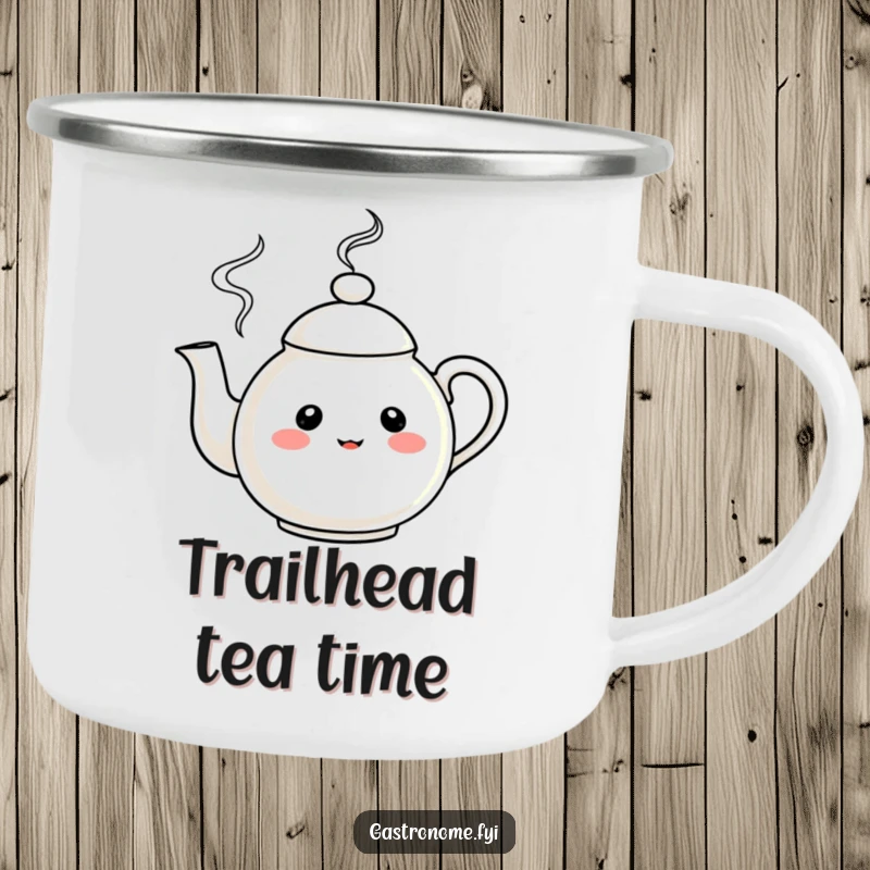 Funny Enamel Camping Mug with a curious teapot character and merrily swirling steam, perfect for outdoor humor.