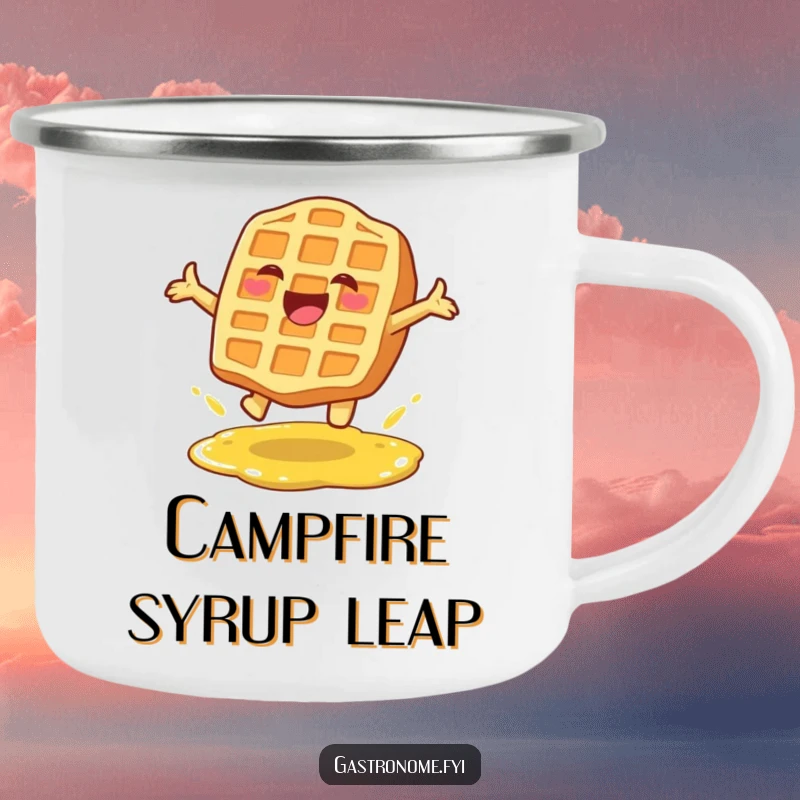 Funny camping mug with a delighted waffle character leaping over syrup, perfect for outdoor adventures and breakfast lovers.