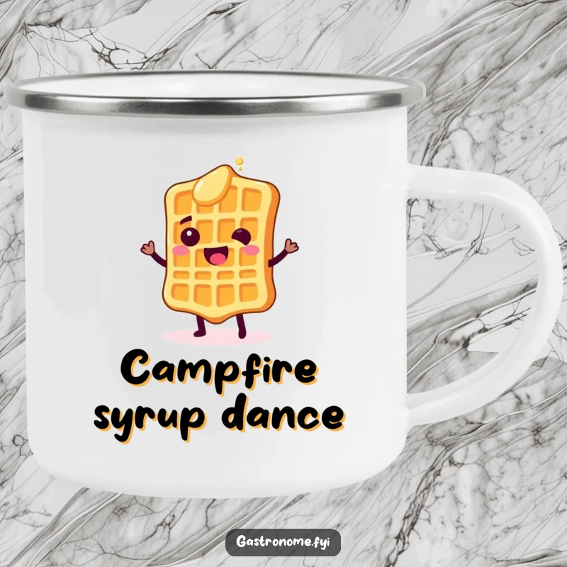 Funny camping mug showing a happy waffle character doing a shimmy with syrup drops, perfect for enjoying drinks outdoors with breakfast cheer.
