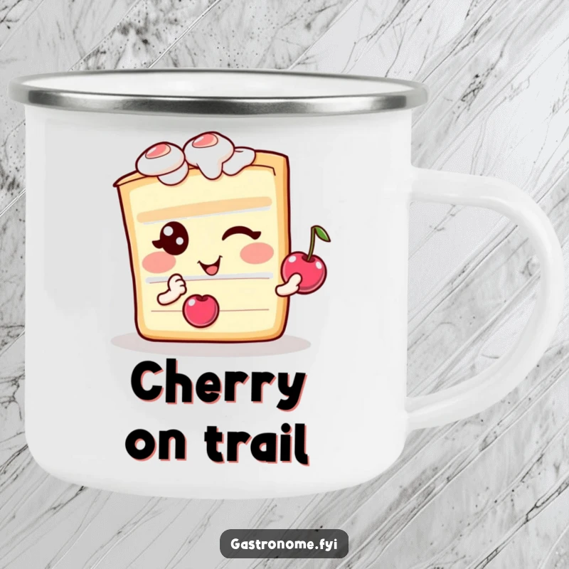 Funny camping mug featuring a winking cake slice character holding a cherry, for outdoor humor.