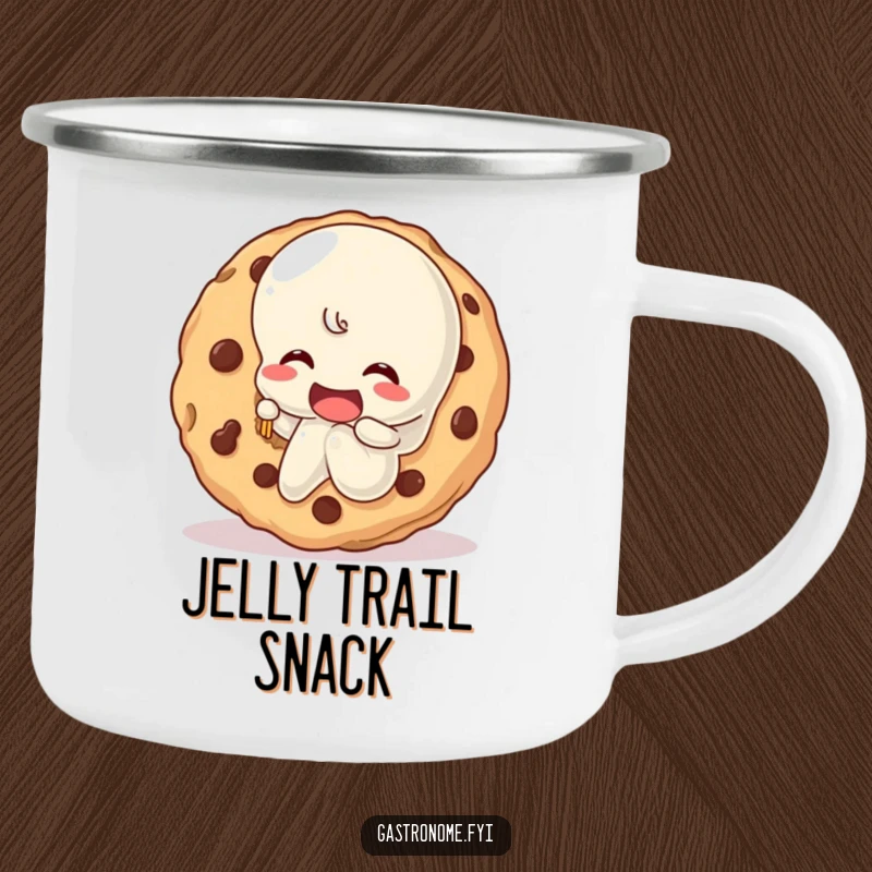 Funny wobbly jelly character taking a big bite out of a giant cookie on a sturdy camping mug, perfect for humorous outdoor enjoyment.