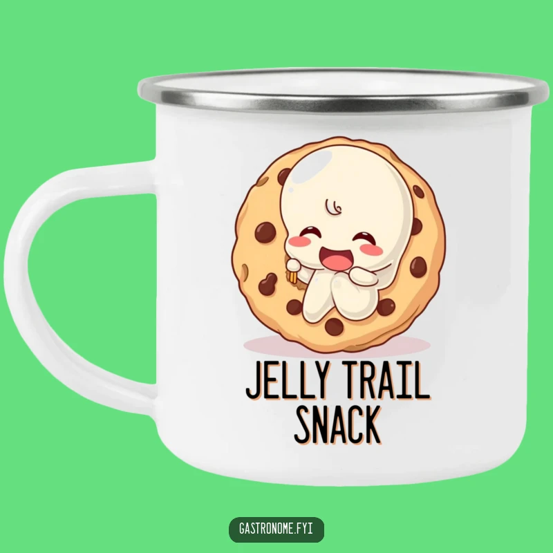 Enjoy your hot cocoa or coffee with a side of sweetness with this funny camping mug featuring a jelly character's giant cookie treat.