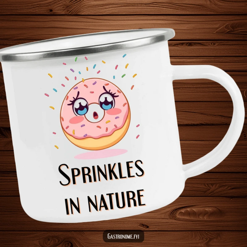 Funny camping mug with a surprised donut character, wide-eyed, watching sprinkles fall endlessly, for outdoor fun.